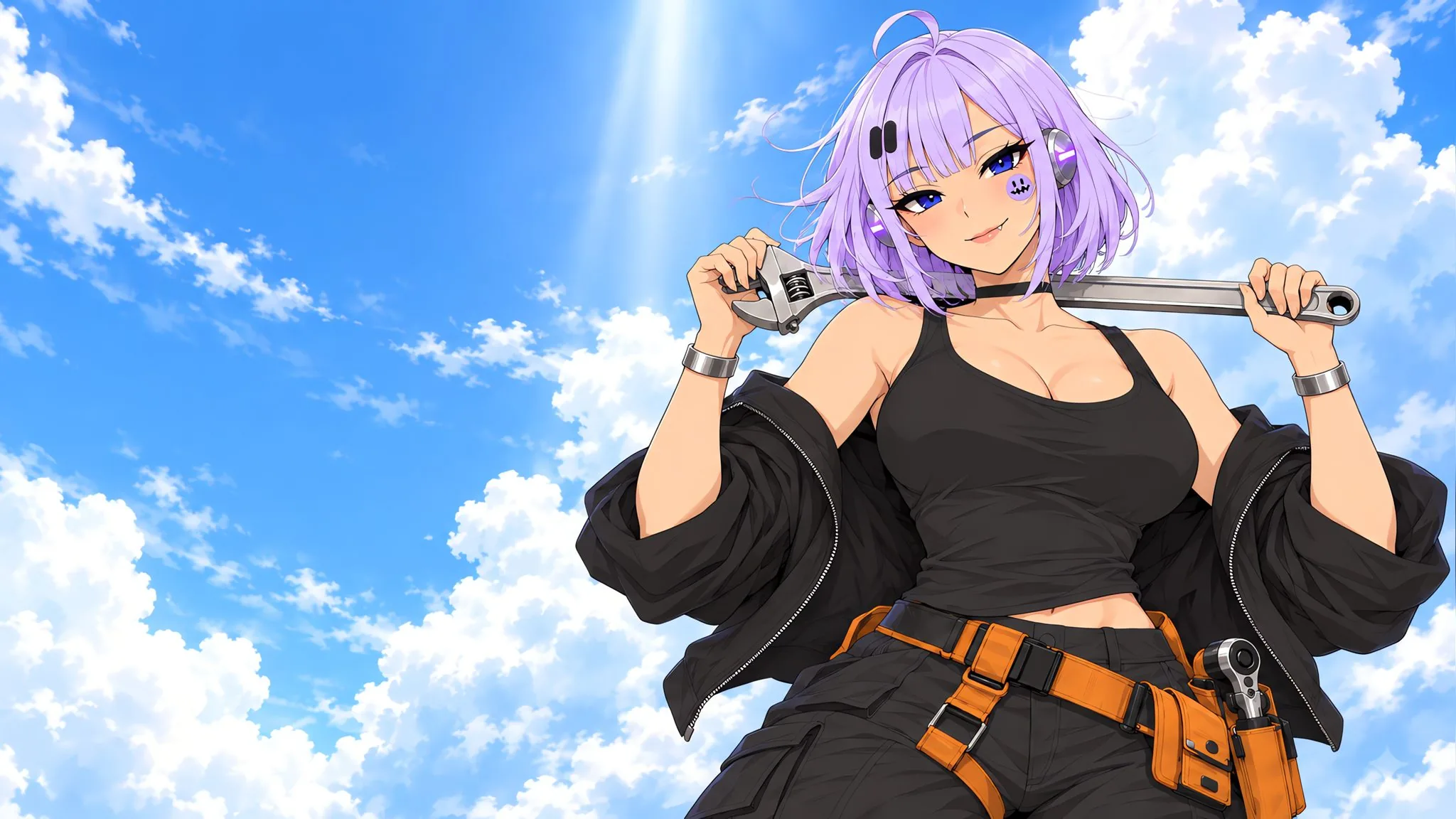 clankchan, the site's mascot, stands against a bright blue sky with a big chrome wrench across her shoulders