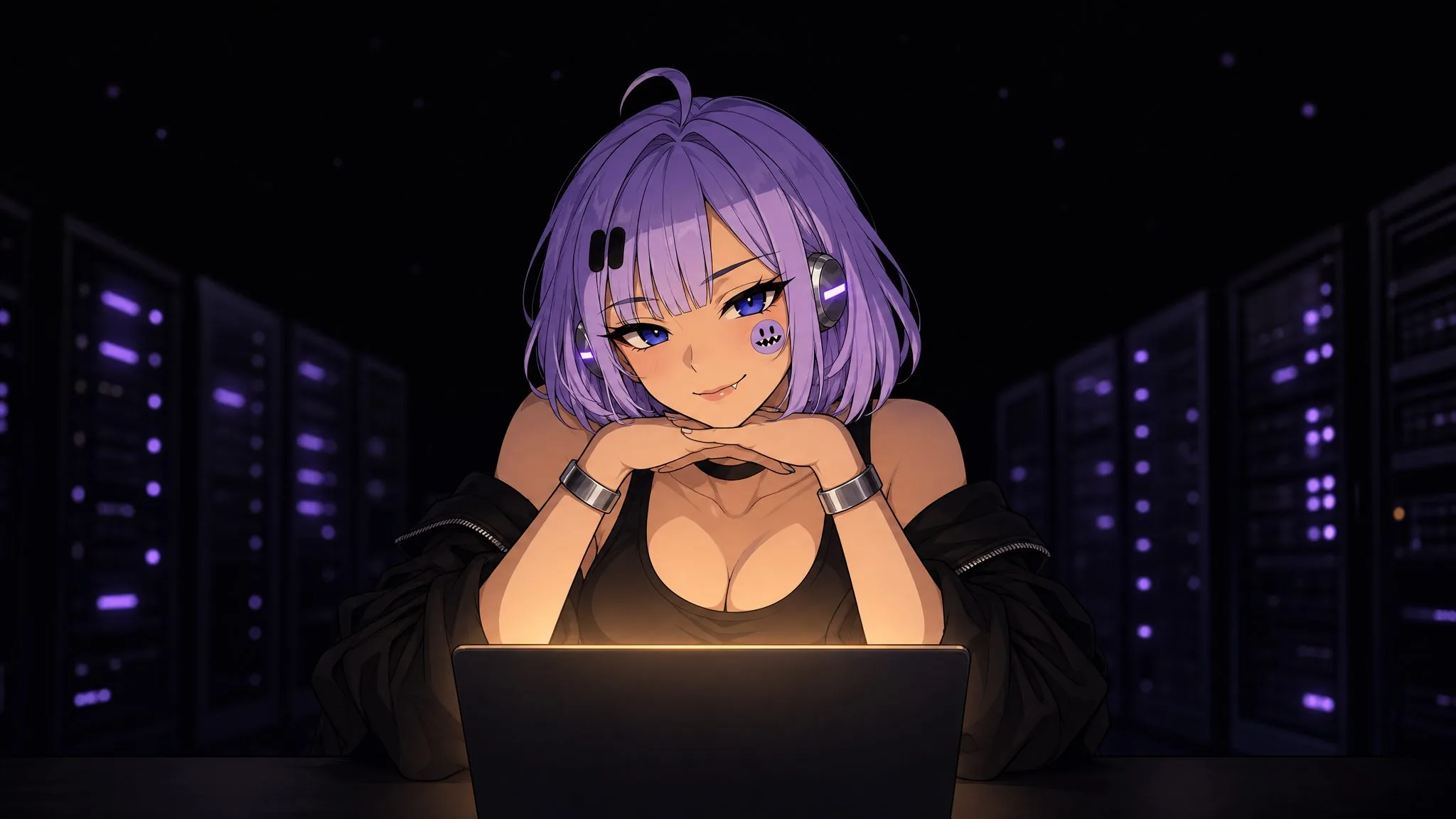 clankchan sits in a dark server room, chin in her hands, lit by a laptop